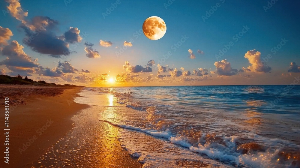 Obraz premium Breathtaking sunset over a picturesque tropical beach with crashing waves golden sand and a glowing full moon rising in the serene ethereal twilight sky This coastal landscape offers a stunning