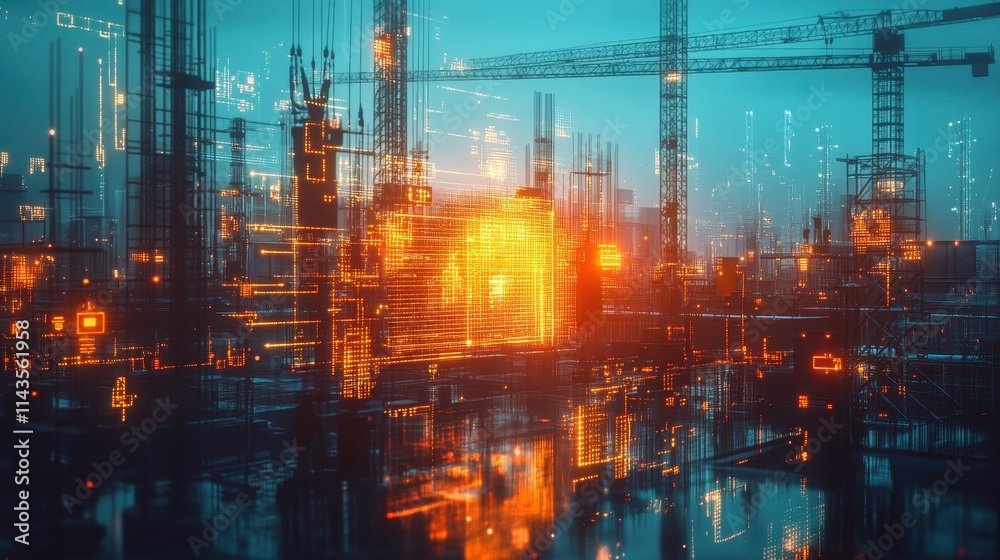 Obraz premium Futuristic digital construction site with cranes and holographic energy data visualization