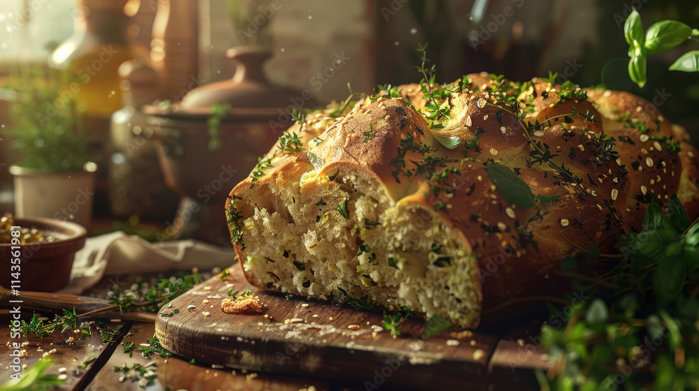 Herbal bread loaf, aromatic herbs visible, close-up, earthy tones, rustic kitchen background, warm and inviting mood Herbal bread loaf, aromatic herbs visible, close-up, earthy tones, rustic kitchen background, warm and inviting mood