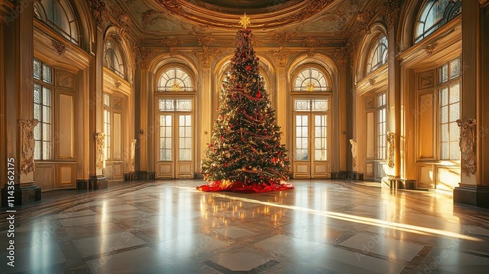 Christmas tree standing in elegant building prepared for christmas party Christmas tree standing in elegant building prepared for christmas party