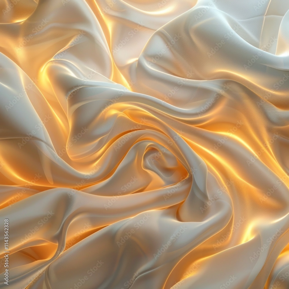 Fototapeta premium Luxurious satin fabric in flowing waves and curves with golden hues creating a dynamic and elegant backdrop or wallpaper The soft smooth and shiny textile displays a captivating abstract pattern