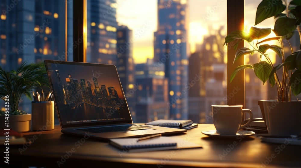 City View at Sunset from Laptop on Desk City View at Sunset from Laptop on Desk