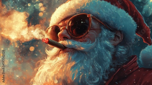 Santa Claus smoking a cannabis joint. Christmas concept art. Illustrated poster design. Generative Ai