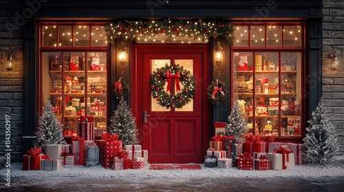 Festively decorated shop entrance with Christmas gifts, candies, and wreath in winter season