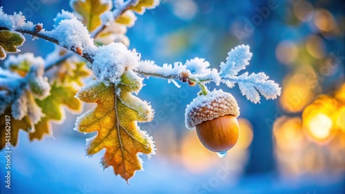Frosty Oak Branch Acorn Winter Bokeh Photography Background Image