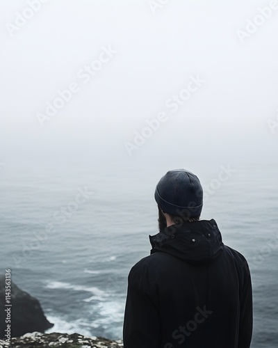 Man in Jacket Overlooking Misty Ocean from Cliff photo