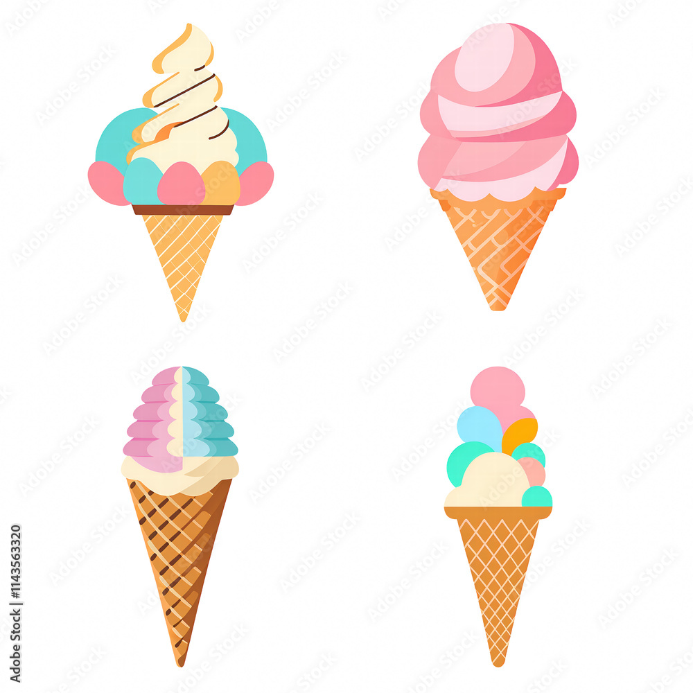 Colorful Ice Cream Cones with Swirls and Scoops in Various Flavors and Textures on transparent background Colorful Ice Cream Cones with Swirls and Scoops in Various Flavors and Textures on transparent background