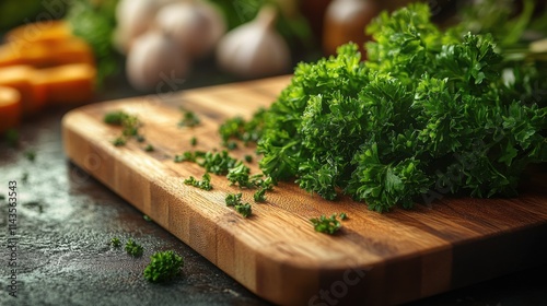 Fresh parsley on wooden board ready for cooking.