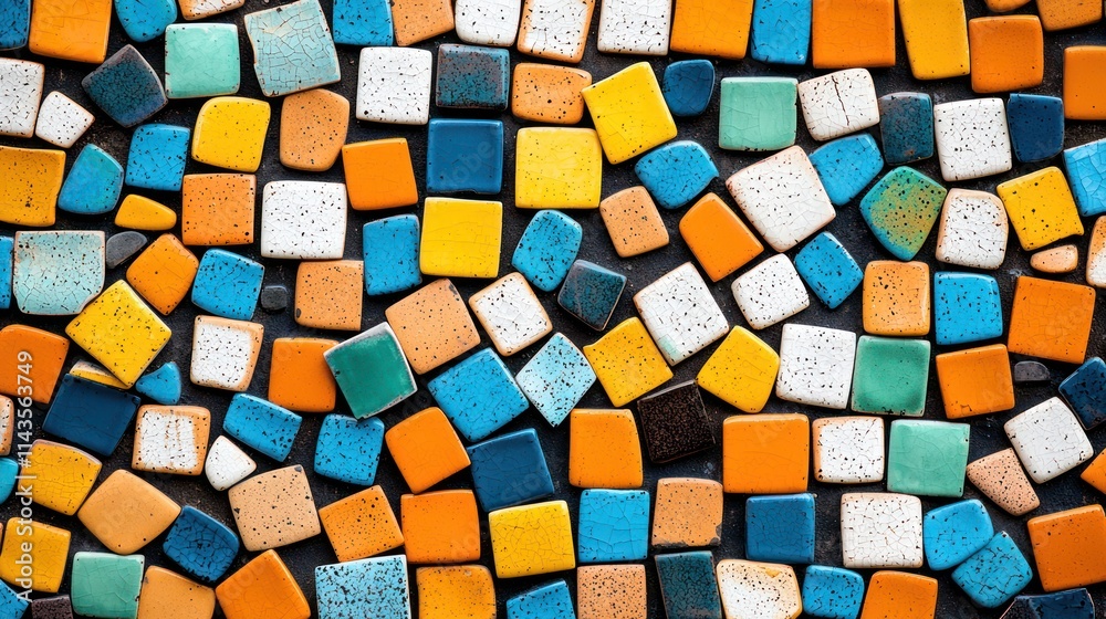 A vibrant mosaic pattern featuring colorful square tiles in various shades of blue, orange, white, and black. A vibrant mosaic pattern featuring colorful square tiles in various shades of blue, orange, white, and black.