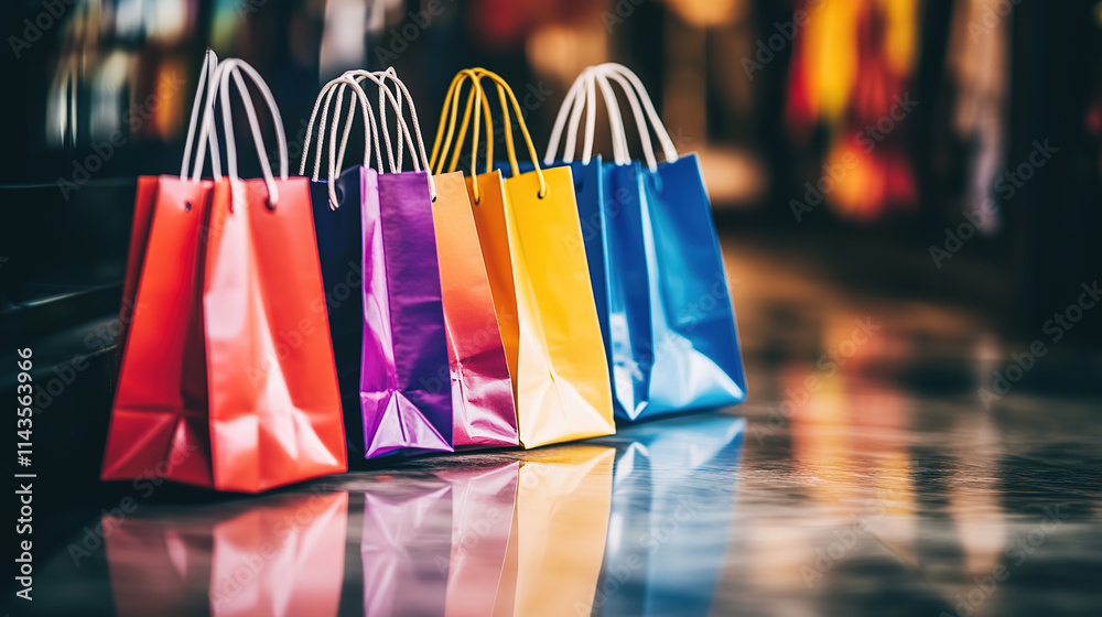 Shopping bags neatly arranged on a sleek counter, symbolizing the balance between consumerism and organization in modern retail environments. Shopping bags neatly arranged on a sleek counter, symbolizing the balance between consumerism and organization in modern retail environments.