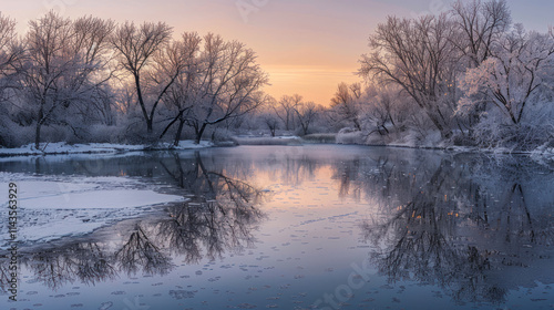 Icy lake reflecting dusk colors, darkened snowy trees surrounding, creating a moody, serene atmosphere