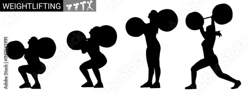 set of weightlifting silhouettes. female athlete, weightlifting, sport. isolated on white background. vector illustration.