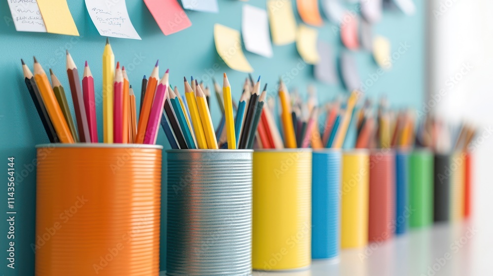 Fototapeta premium Colorful cans filled with various pencils are lined up against a blue wall adorned with sticky notes, creating a vibrant and organized workspace.