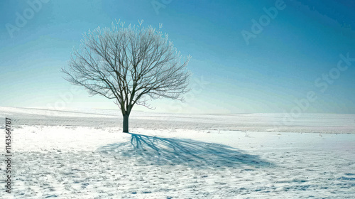Isolated tree casting a lone shadow over a snowy plain, minimal and moody