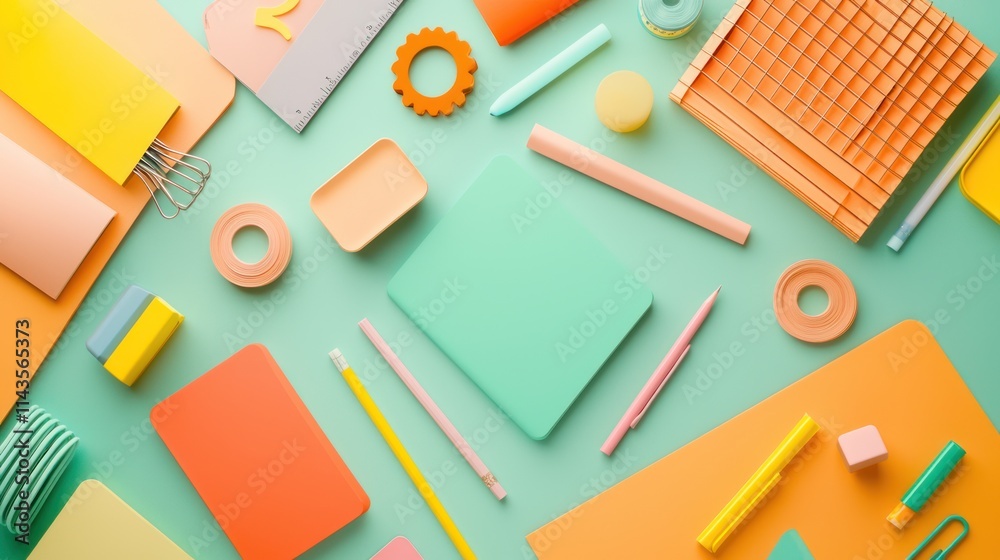 A vibrant flat lay of colorful stationery items, including notebooks, pens, and tape, arranged on a teal background. A vibrant flat lay of colorful stationery items, including notebooks, pens, and tape, arranged on a teal background.