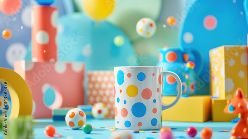 Kids' mug on a fun background, surrounded by colorful toys, perfect for children's branding