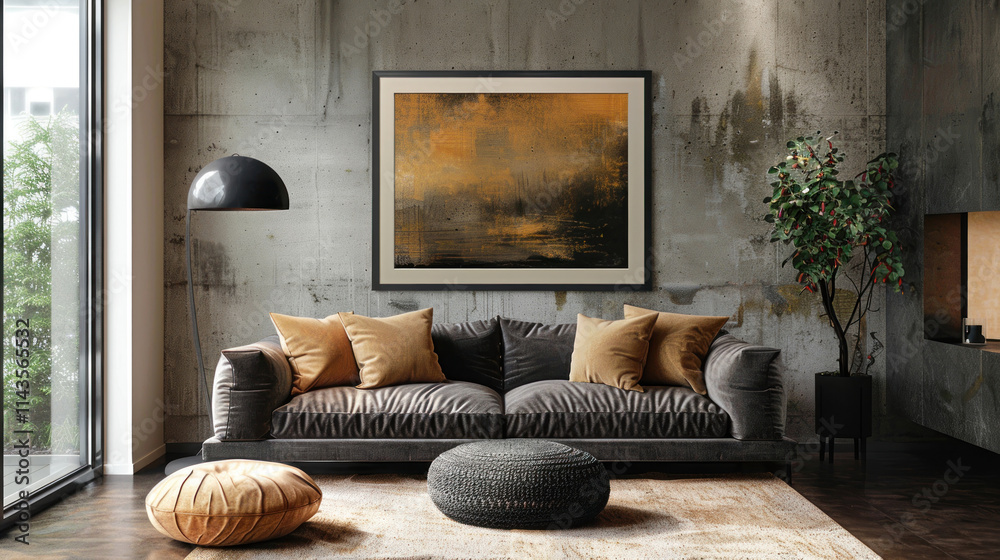 Large framed poster above a modern sofa, cozy atmosphere, perfect for contemporary home art displays Large framed poster above a modern sofa, cozy atmosphere, perfect for contemporary home art displays