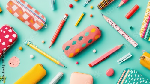 A vibrant arrangement of colorful pencil cases and stationery items against a teal backdrop, showcasing playful designs and textures.