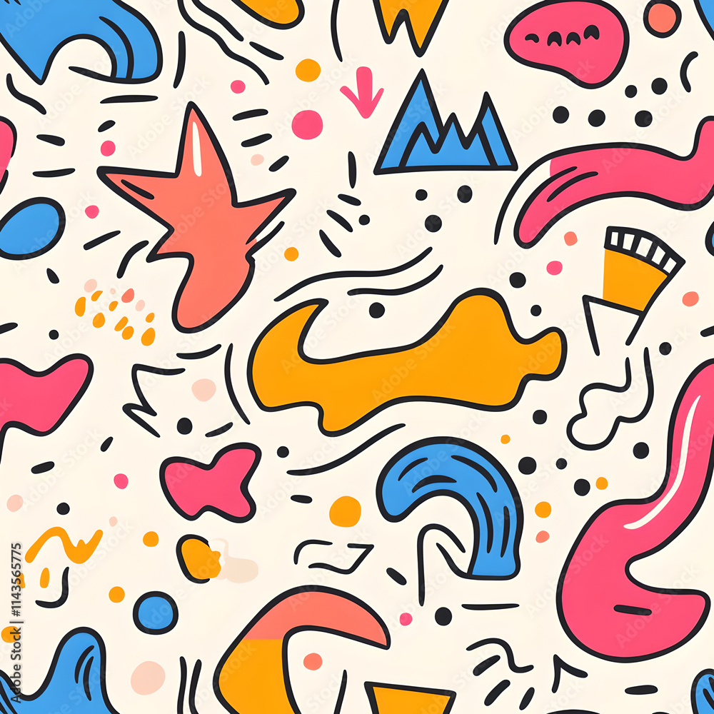 Fototapeta premium A playful and colorful abstract pattern featuring a variety of organic shapes and doodles in bright, bold colors (red, orange, yellow, blue, pink) on a light beige background.