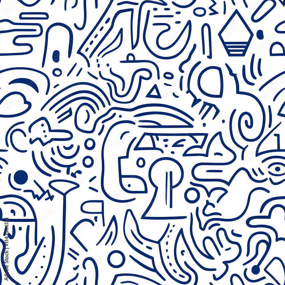 A vibrant, eye-catching seamless pattern design featuring a multitude of abstract shapes and lines in a rich navy blue color on a white background. A vibrant, eye-catching seamless pattern design featuring a multitude of abstract shapes and lines in a rich navy blue color on a white background.