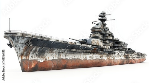 An isolated battleship on a white background, showcasing intricate details of its formidable guns and armor, embodies strength and military power.