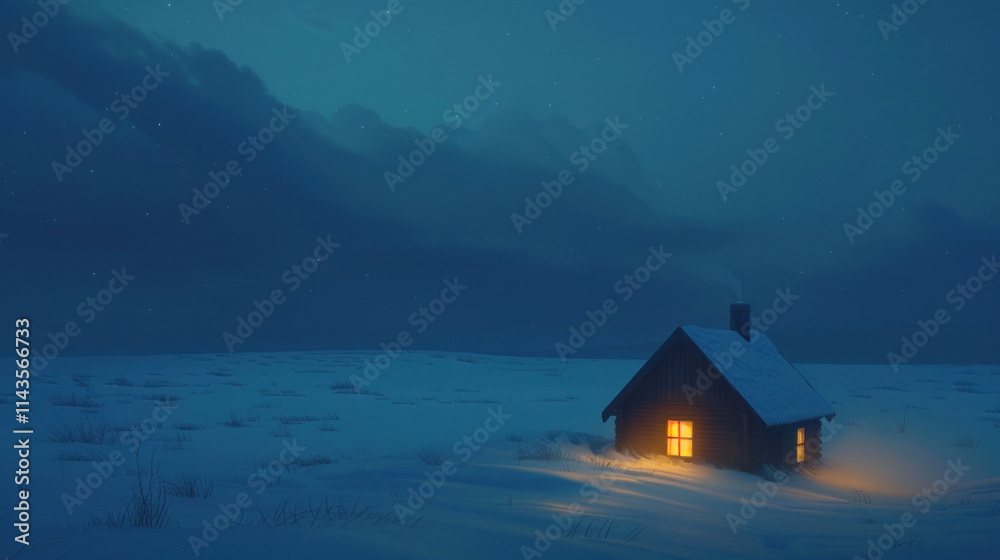 Fototapeta premium Lone cabin in a vast snowy field, soft glow from inside contrasting with the cold winter night