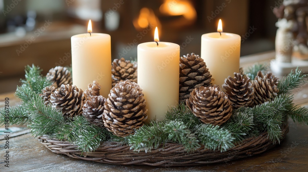 Chrismas decoration with candles and pine cones on a table Chrismas decoration with candles and pine cones on a table