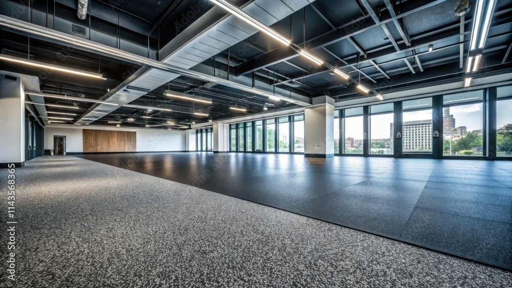 Aerial view: sleek, black rubber acoustic flooring, a stylish soft lino upgrade. Aerial view: sleek, black rubber acoustic flooring, a stylish soft lino upgrade.