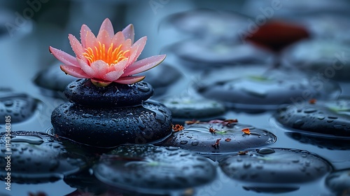 Spa stones paired with lotus blooms, cut-out design.