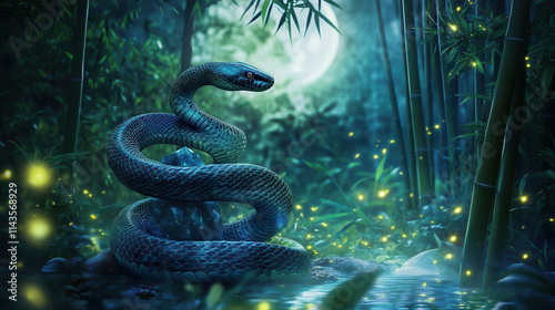 Zodiac snake encounter mystical bamboo forest digital art enchanted night close-up serpent symbolism