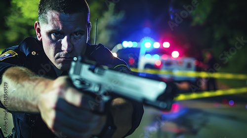 Tense police officer in uniform holding gun cautiously approaching crime scene with caution tape and emergency lights, serious and focused atmosphere.