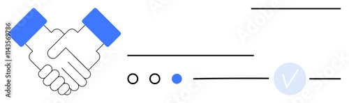 Handshake with blue highlights, horizontal lines, progress dots, and a checkmark. Ideal for business partnerships, agreements, collaboration, progress tracking, verification processes goal setting photo