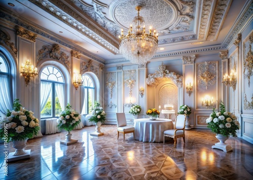 AI-generated images showcase elegant white wedding room wallpaper designs in stunning architectural photography.