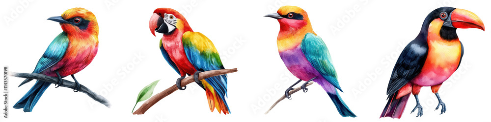 Fototapeta premium Vibrant Tropical Birds Perched on Branches in a Lush Natural Habitat