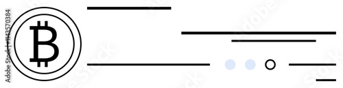 Bitcoin symbol surrounded by horizontal lines of varying lengths and small dots. Ideal for cryptocurrency, blockchain technology, digital wallets, fintech, online payments, financial innovation