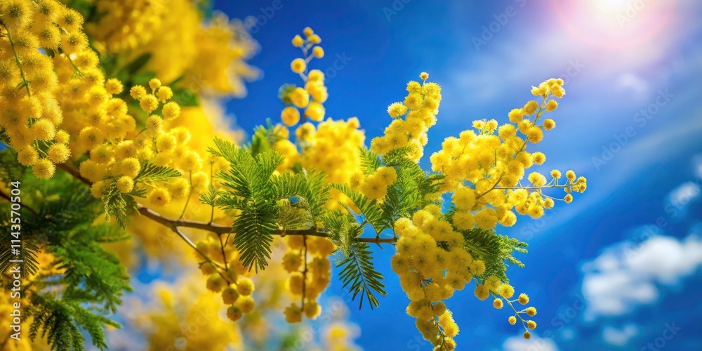 Mimosa Tree Spring Blossom, Yellow Flowers Blue Sky, High Depth of Field Photography, Minimalist Spring Scene, Blooming Mimosa, Springtime Nature Mimosa Tree Spring Blossom, Yellow Flowers Blue Sky, High Depth of Field Photography, Minimalist Spring Scene, Blooming Mimosa, Springtime Nature