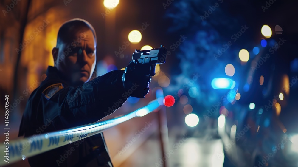 Tense police officer in uniform holding gun cautiously approaching crime scene with caution tape and emergency lights, serious and focused atmosphere. Tense police officer in uniform holding gun cautiously approaching crime scene with caution tape and emergency lights, serious and focused atmosphere.