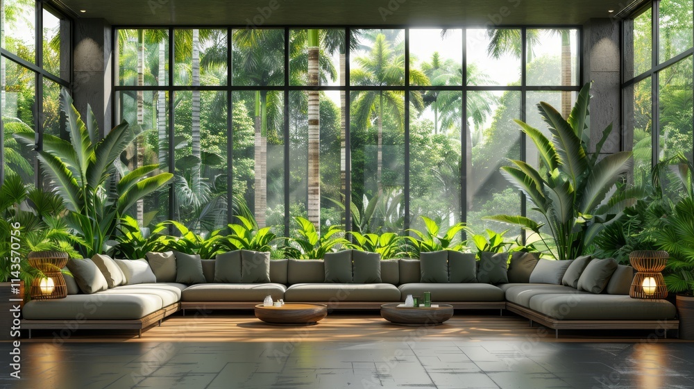 Luxurious lounge with large windows overlooking lush tropical garden. Luxurious lounge with large windows overlooking lush tropical garden.