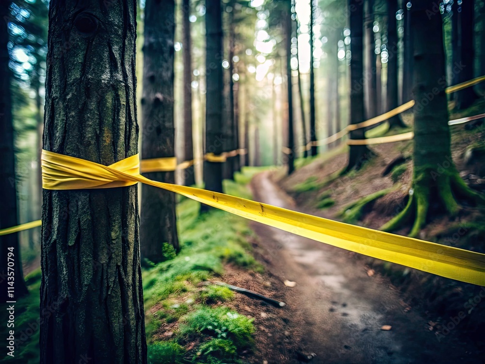 Fototapeta premium Minimalist Crime Scene Woods: Police Tape, Forest Investigation, Mystery Scene