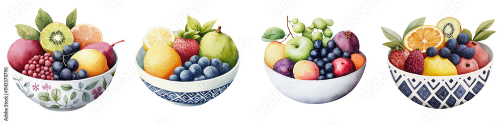 Assortment of Fresh Seasonal Fruits in Bowls on a White Background Assortment of Fresh Seasonal Fruits in Bowls on a White Background