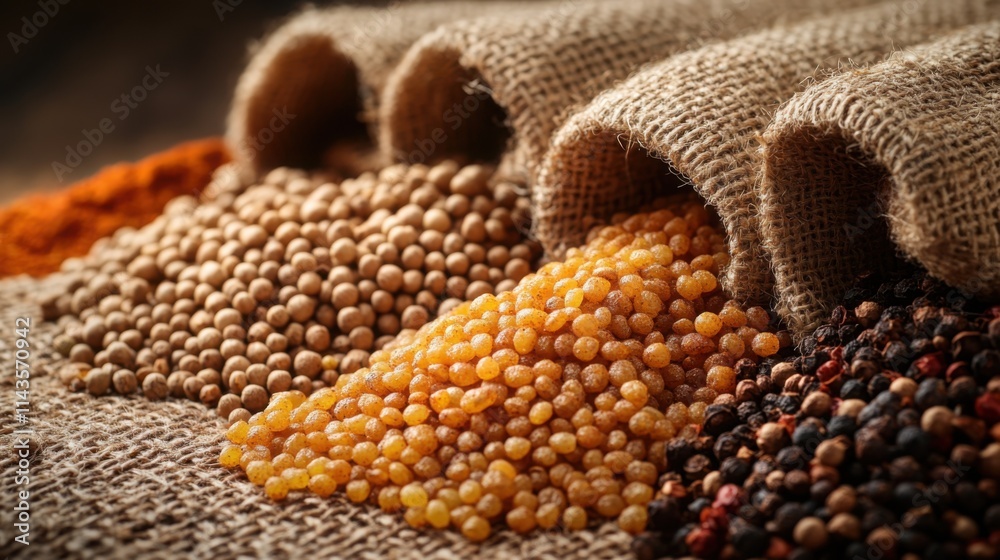 Obraz premium Aromatic spices in burlap sacks ready for use.