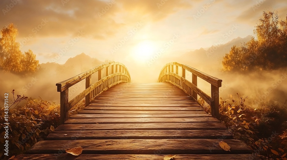 Fototapeta premium A bright golden bridge appearing in the middle of a misty uncertain landscape representing support guidance and encouragement to move forward and navigate the journey ahead
