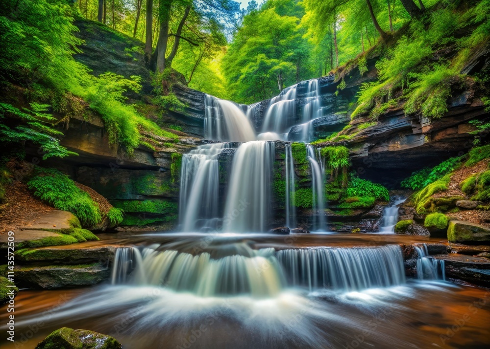 Obraz premium Capture Pennsylvania's majestic Ricketts Glen waterfalls: scenic hikes, lush foliage, breathtaking nature photography awaits.