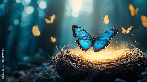 Symbolic butterfly emerging from a glowing cocoon representing the powerful process of transformation growth and encouragement to embrace change and unlock one s full potential photo