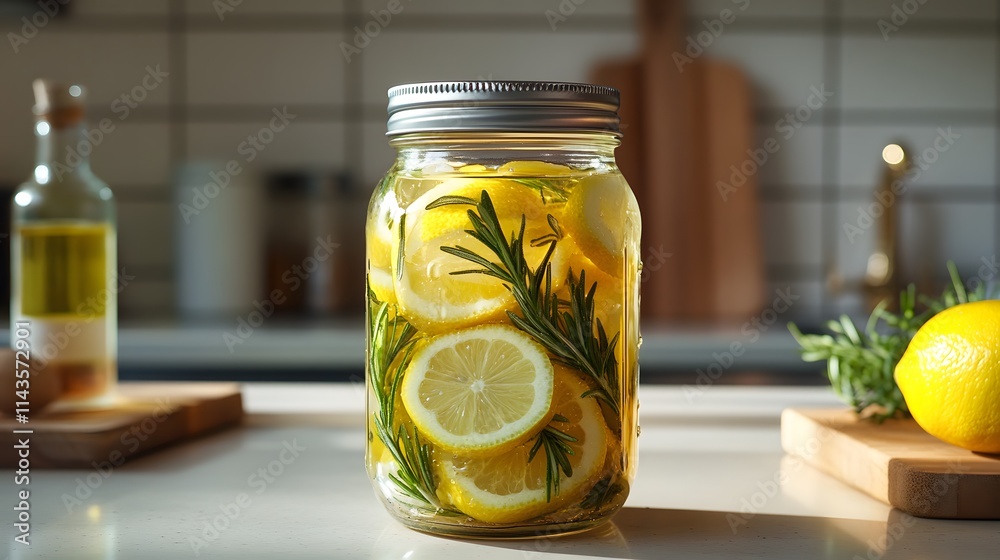 Homemade Lemon and Rosemary Infused Water in Mason Jar Homemade Lemon and Rosemary Infused Water in Mason Jar
