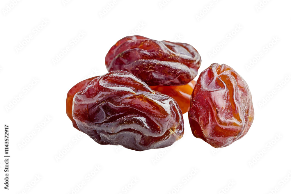 Three dried up raisins are on a white background Three dried up raisins are on a white background