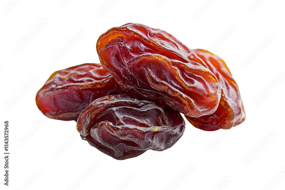 Three dried red raisins on a white background