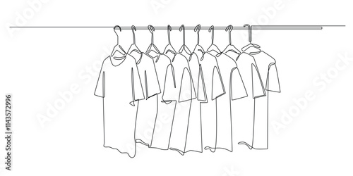 continuous line drawing of set of men's t-shirts hanging.one line drawing of shop selling men's t-shirts.single line vector illustration of men's t-shirt clothing.isolated white background
