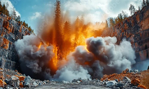 Explosion in a quarry, sending debris and smoke into the air. photo