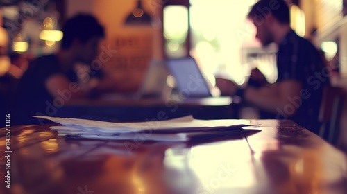 Two friends engaged in deep conversation over research papers and open laptops on a wooden table, collaborative study and academic discussion concept. photo